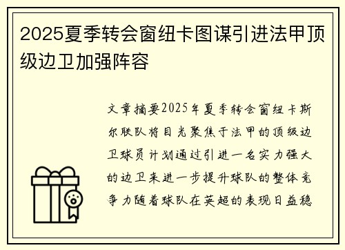 2025夏季转会窗纽卡图谋引进法甲顶级边卫加强阵容